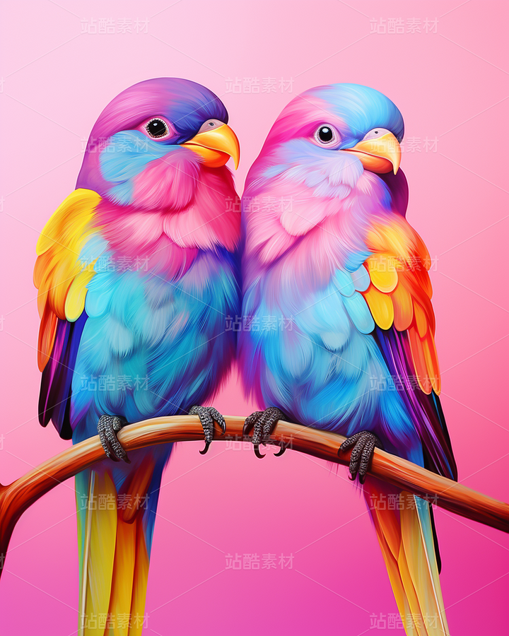 彩色小鳥(niǎo)鸚鵡照片插畫恩愛(ài)中國(guó)風(fēng)（主預(yù)覽-62256） - 未分類 - 站酷設(shè)計(jì)師AIGC微微原創(chuàng)素材 - 站酷ZCOOL
