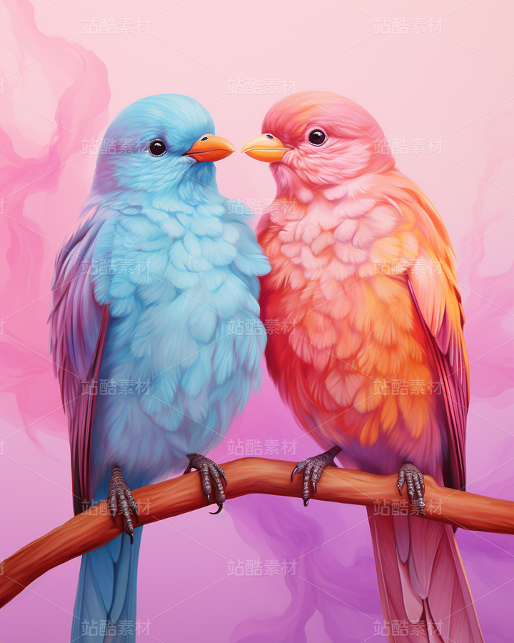 彩色小鳥(niǎo)鸚鵡照片插畫恩愛(ài)中國(guó)風(fēng)（主預(yù)覽-62254） - 未分類 - 站酷設(shè)計(jì)師AIGC微微原創(chuàng)素材 - 站酷ZCOOL