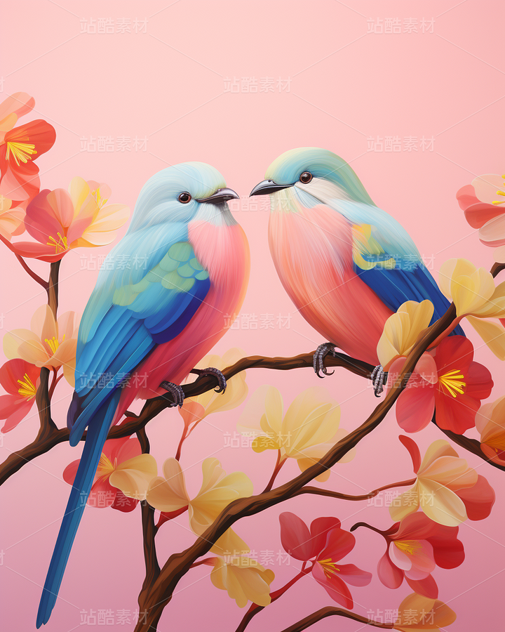 彩色小鳥(niǎo)鸚鵡照片插畫恩愛(ài)中國(guó)風(fēng)（主預(yù)覽-62262） - 未分類 - 站酷設(shè)計(jì)師AIGC微微原創(chuàng)素材 - 站酷ZCOOL