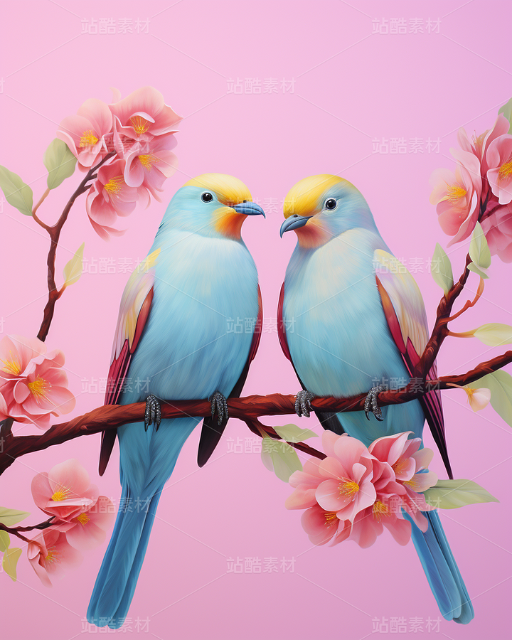 彩色小鳥(niǎo)鸚鵡照片插畫恩愛(ài)中國(guó)風(fēng)（主預(yù)覽-62261） - 未分類 - 站酷設(shè)計(jì)師AIGC微微原創(chuàng)素材 - 站酷ZCOOL