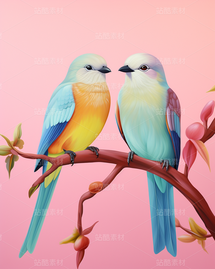 彩色小鳥(niǎo)鸚鵡照片插畫恩愛(ài)中國(guó)風(fēng)（主預(yù)覽-62252） - 未分類 - 站酷設(shè)計(jì)師AIGC微微原創(chuàng)素材 - 站酷ZCOOL