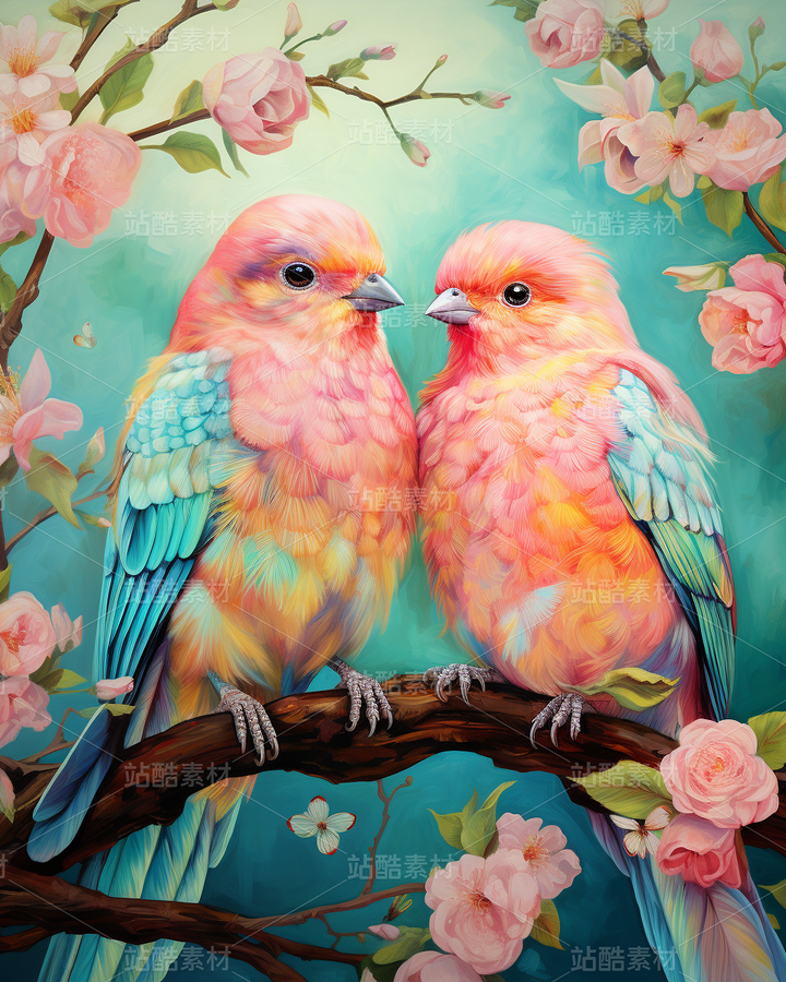 彩色小鳥(niǎo)鸚鵡照片插畫恩愛(ài)中國(guó)風(fēng)（主預(yù)覽-62251） - 未分類 - 站酷設(shè)計(jì)師AIGC微微原創(chuàng)素材 - 站酷ZCOOL