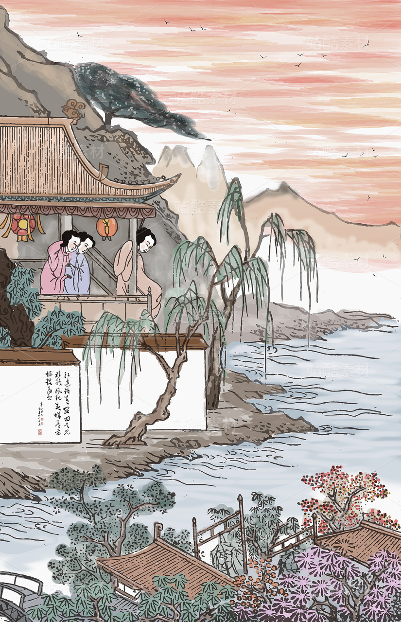 古代仕女水墨山水装饰画
