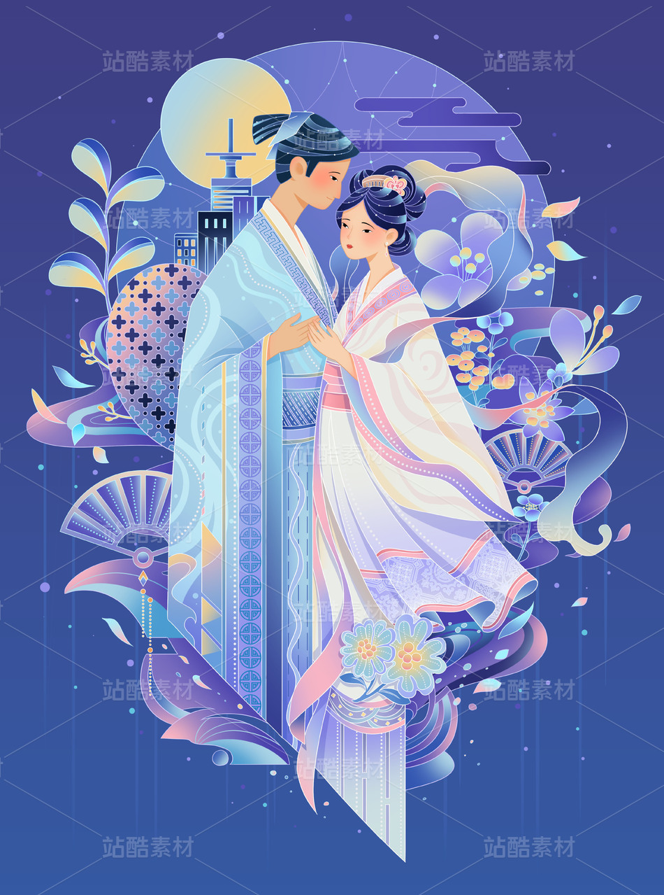 七夕节牛郎和织女相会的插画