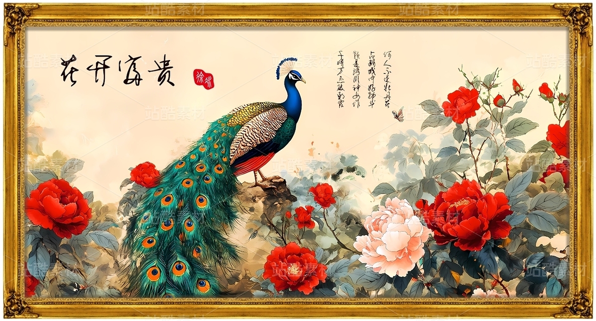花开富贵牡丹花孔雀中式国画画框装饰素材壁画玄关挂画（主预览-9125956） - 未分类 - 站酷设计师LuckBin5原创素材 - 站酷ZCOOL