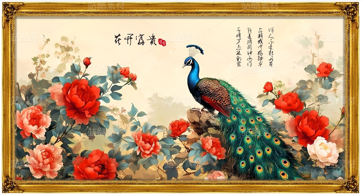 花開富貴牡丹花孔雀中式國畫畫框裝飾素材壁畫玄關(guān)掛畫（主預(yù)覽-9125988） - 未分類 - 站酷設(shè)計師LuckBin5原創(chuàng)素材 - 站酷ZCOOL