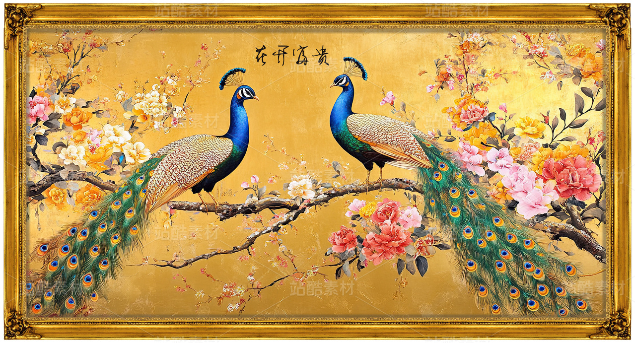 花开富贵牡丹花孔雀中式国画画框装饰素材客厅壁画挂画