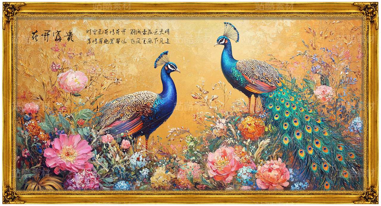 花开富贵牡丹花孔雀中式国画画框装饰素材客厅壁画挂画