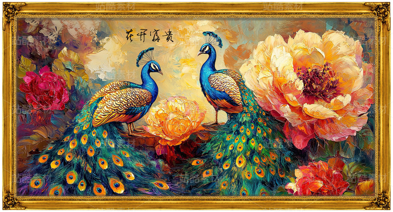 花开富贵牡丹花孔雀中式国画画框装饰素材客厅壁画挂画