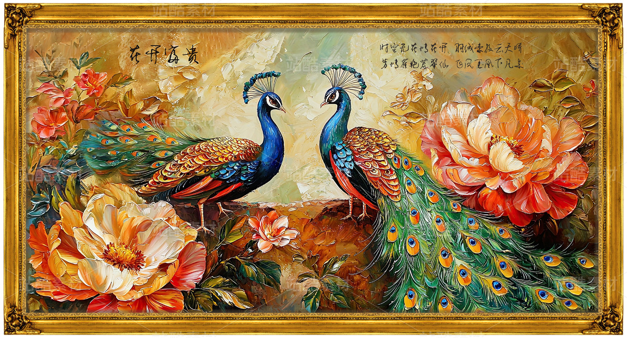 花开富贵牡丹花孔雀中式国画画框装饰素材客厅壁画挂画