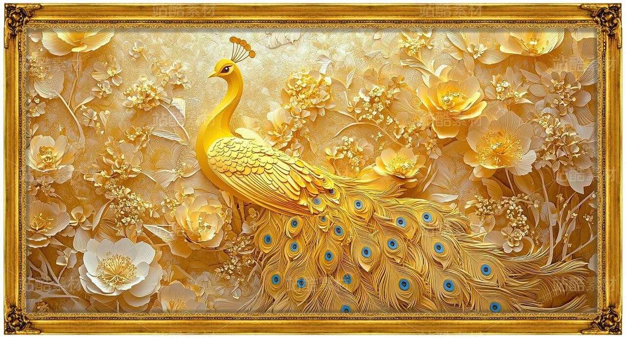 花开富贵牡丹花孔雀中式国画画框装饰素材客厅壁画挂画