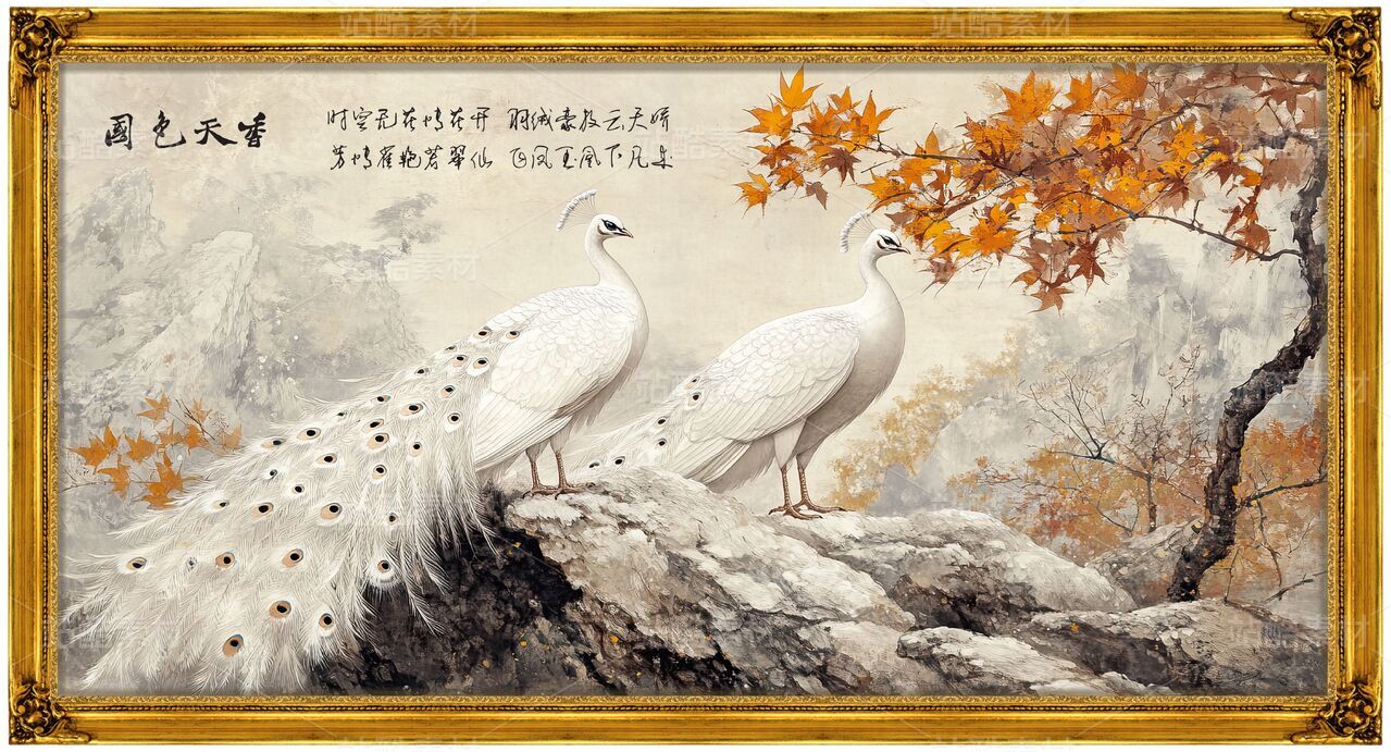 花开富贵牡丹花白色孔雀中式国画画框装饰素材客厅壁画