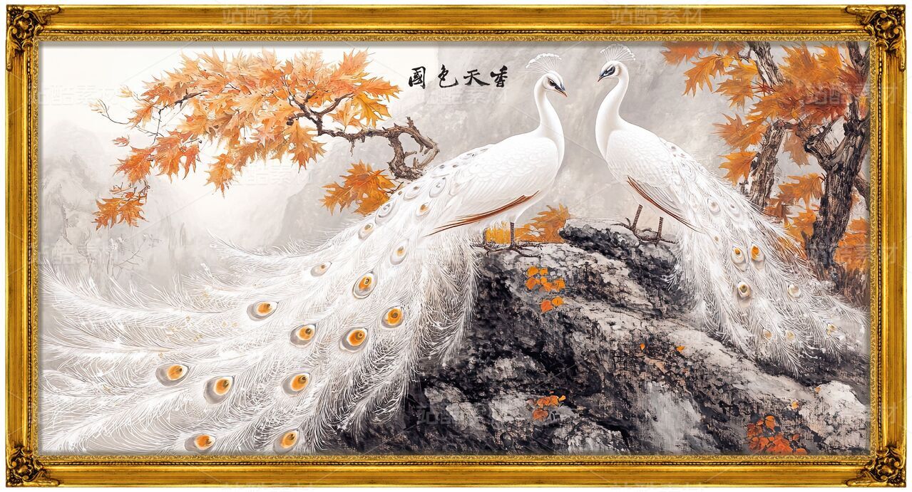 花开富贵牡丹花白色孔雀中式国画画框装饰素材客厅壁画