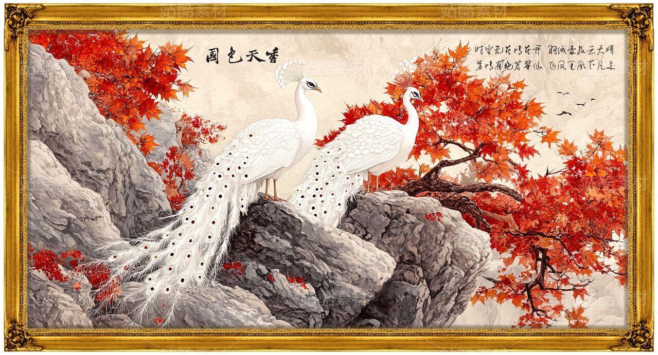 花开富贵牡丹花白色孔雀中式国画画框装饰素材客厅壁画