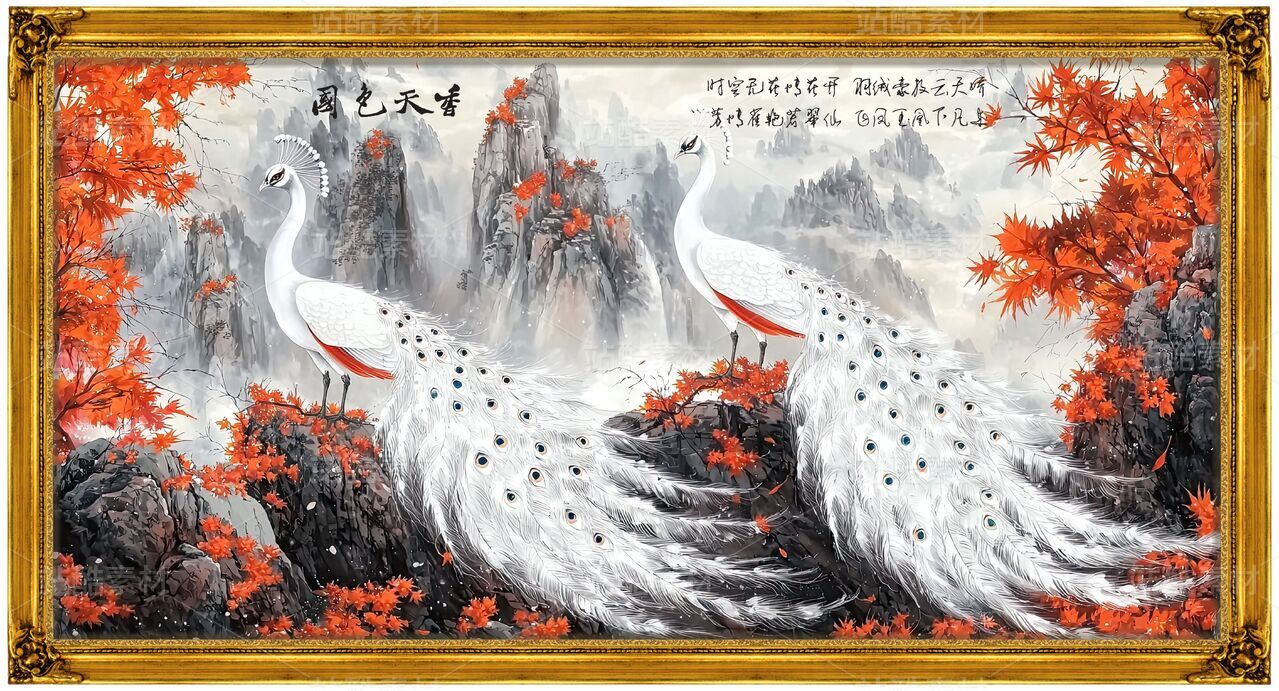 花开富贵牡丹花白色孔雀中式国画画框装饰素材客厅壁画