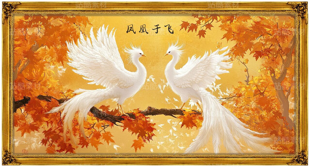 凤凰枫叶花开富贵牡丹孔雀中式国画装饰素材客厅壁画