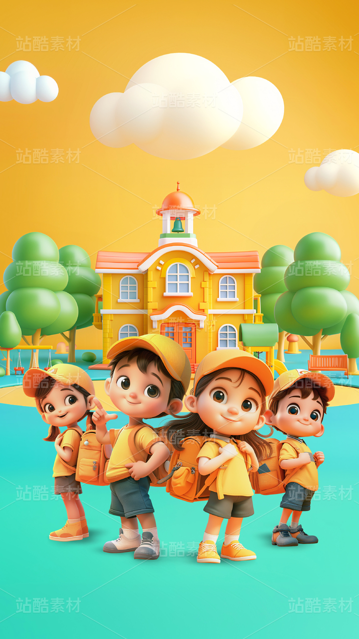 学校门口背着书包的男孩女孩PSD海报