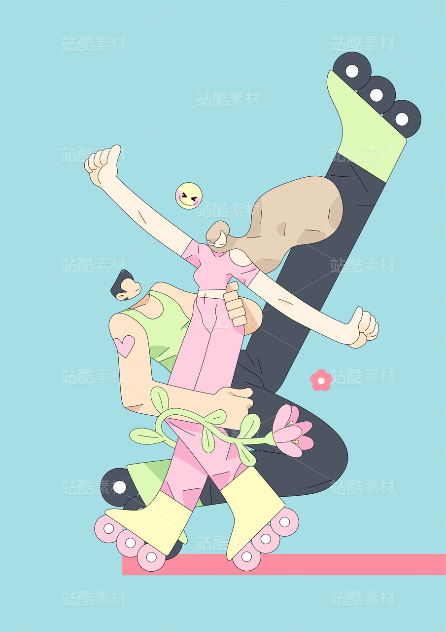 穿滑轮鞋的年轻男女|青春活力户外运动人物素材