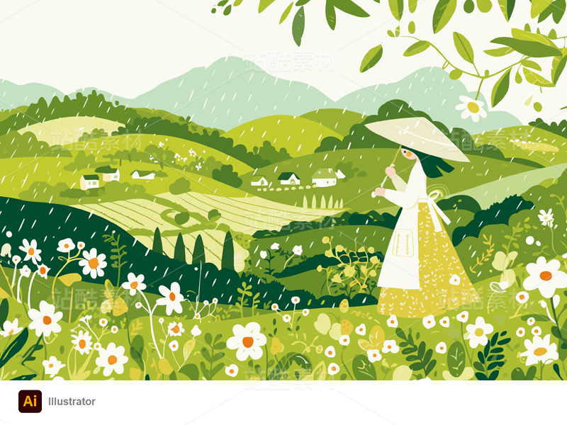 山野春雨节气海报矢量插画