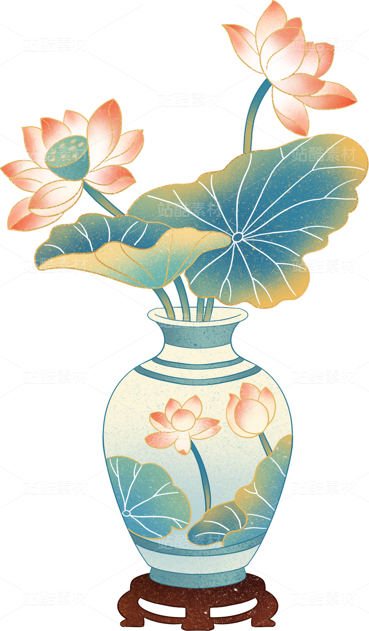 国潮荷花花瓶插画