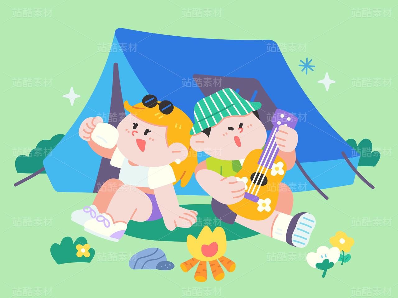 户外旅行露营野外体验趣味插画