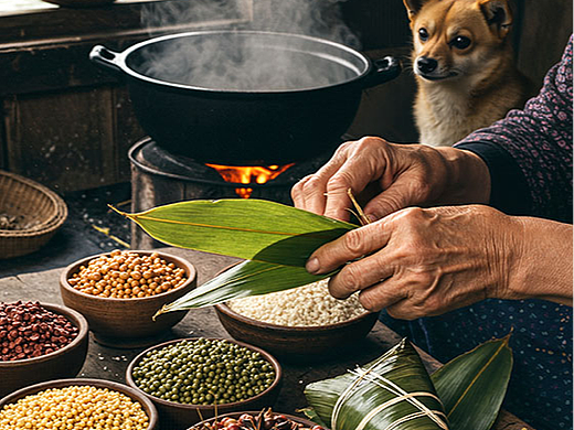 端午节，老妇人制作粽子的手部特写