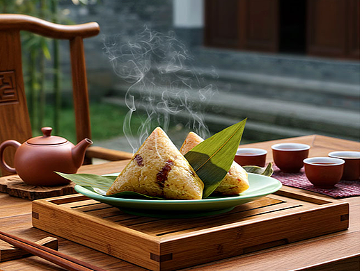 端午节，中式庭院内的茶歇（粽子）