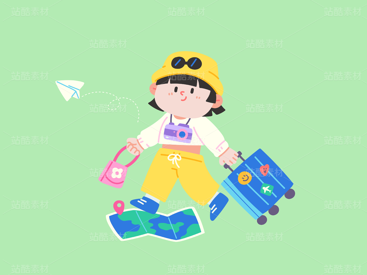 户外旅行女孩行李地图出发