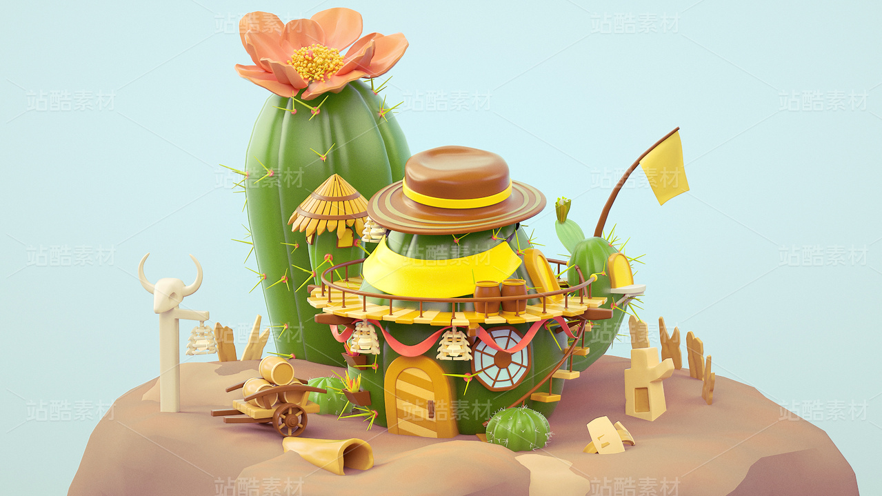 C4D仙人掌卡通场景-OC渲染器