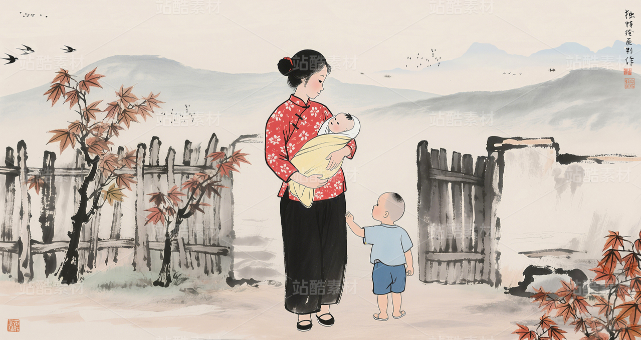国画水墨人物山水画墙绘宣传画意境山水画