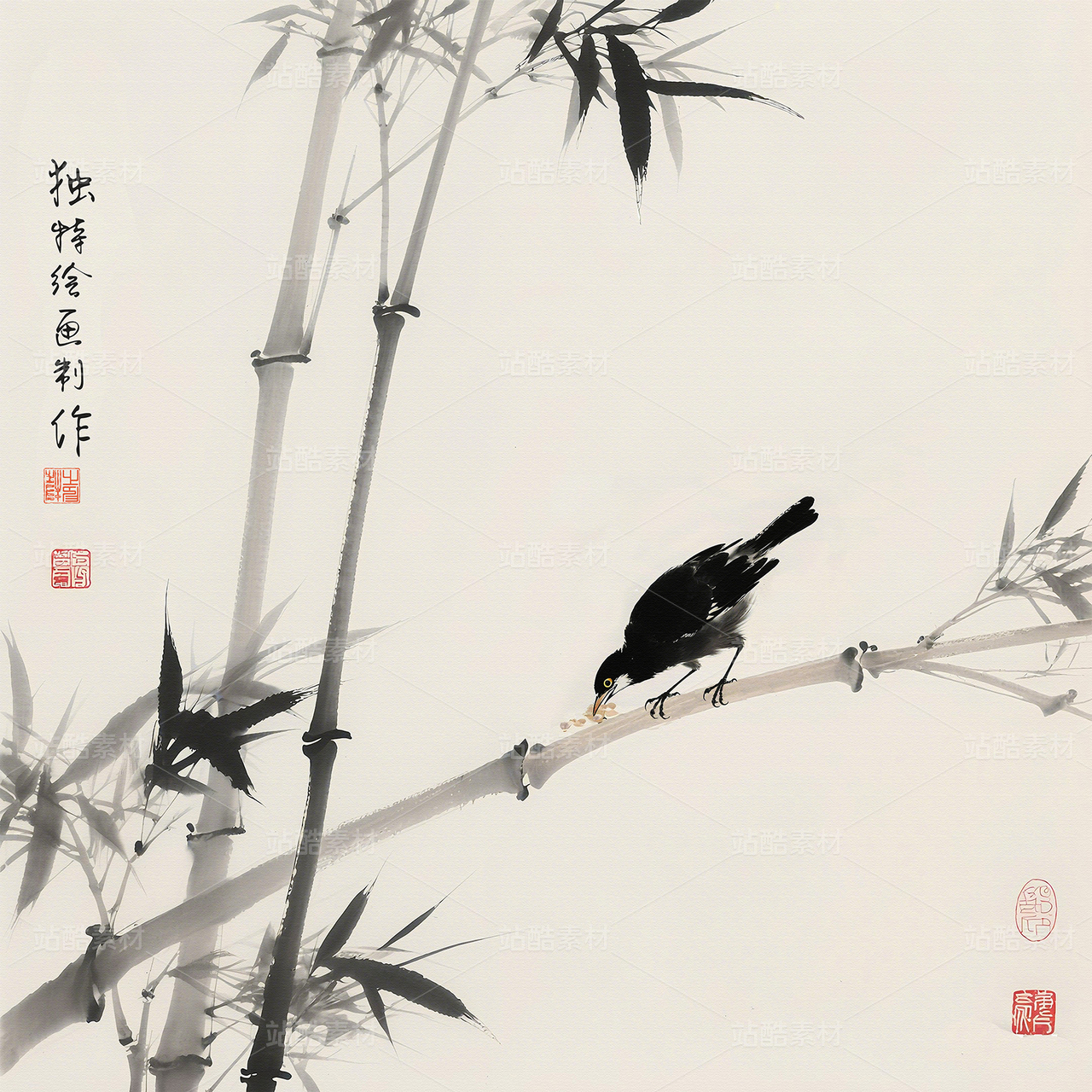  水墨花鸟画水墨竹子国画花鸟水墨画国画花鸟装饰画