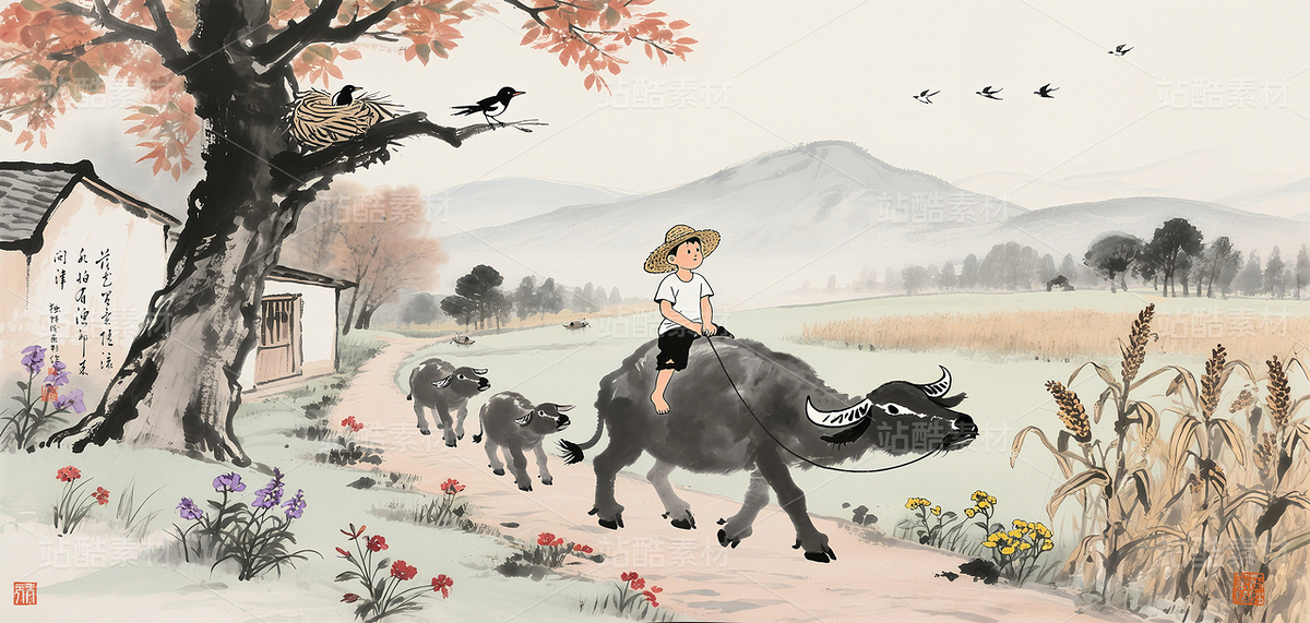 国画水墨人物水墨画放牛娃画江南风景画装饰画水墨画（主预览-9982466） - 未分类 - 站酷设计师独创绘画工作室原创素材 - 站酷ZCOOL