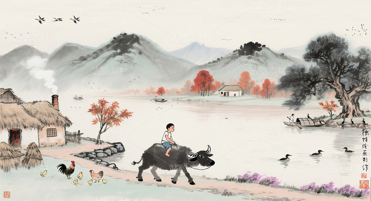 国画水墨人物水墨画放牛娃画江南风景乡村墙绘素材