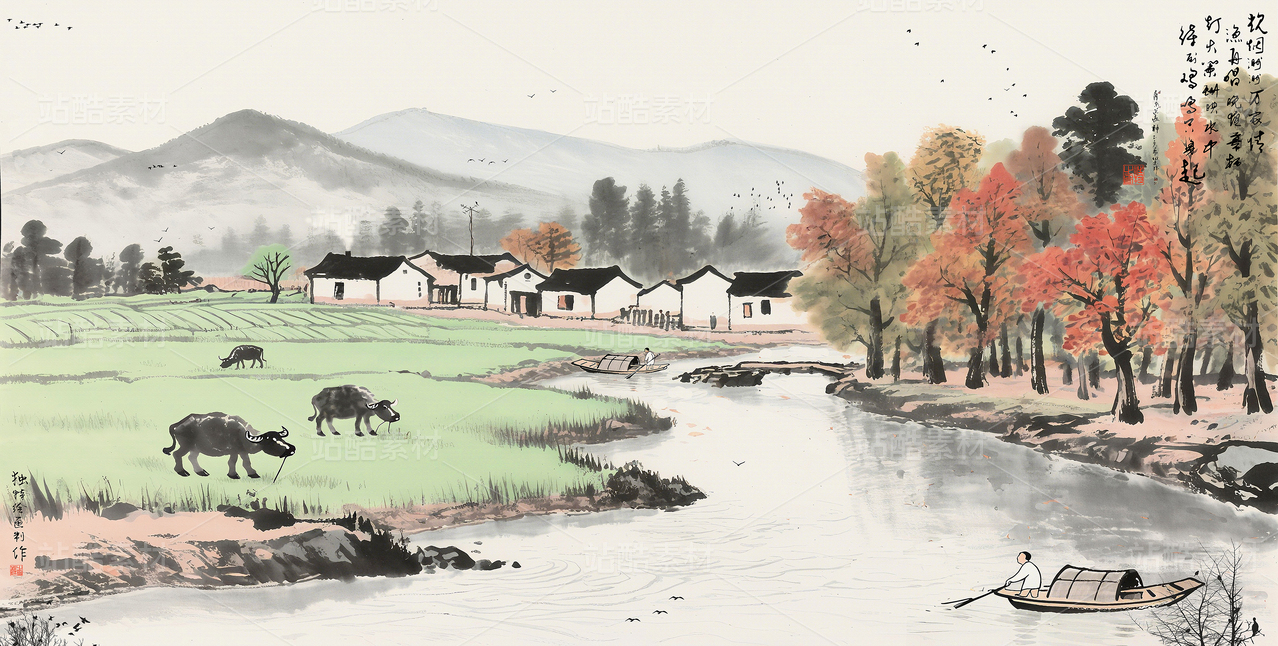 国画水墨人物水墨画山乡画江南风景乡村墙绘素材