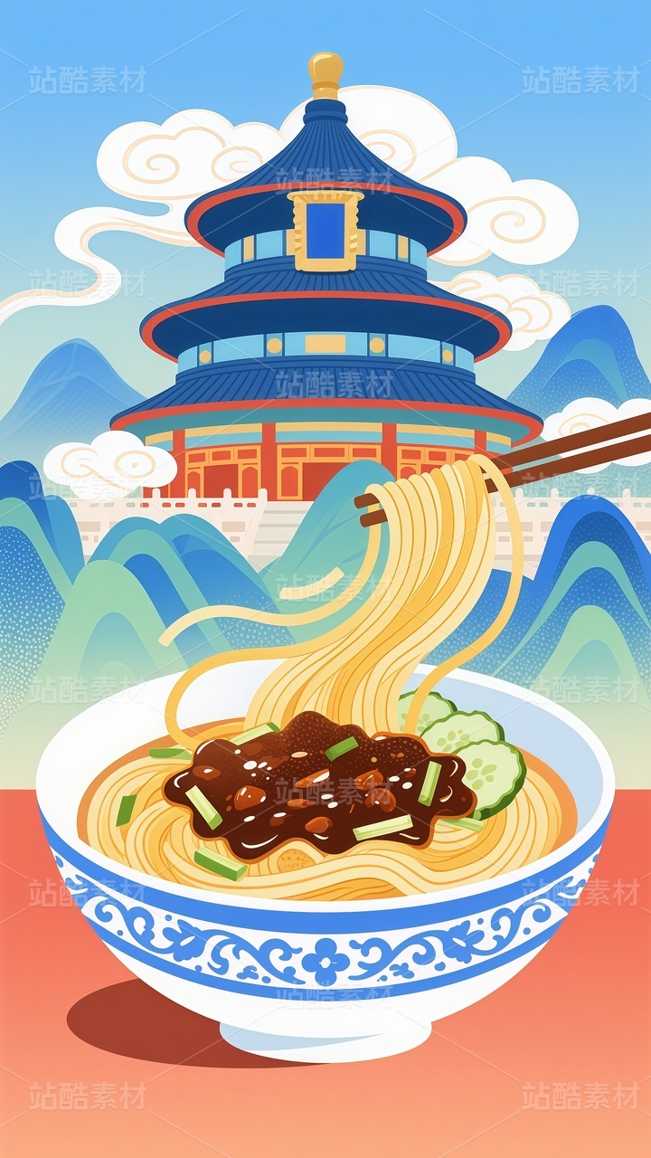 国潮北京地标建筑美食炸酱面插画4
