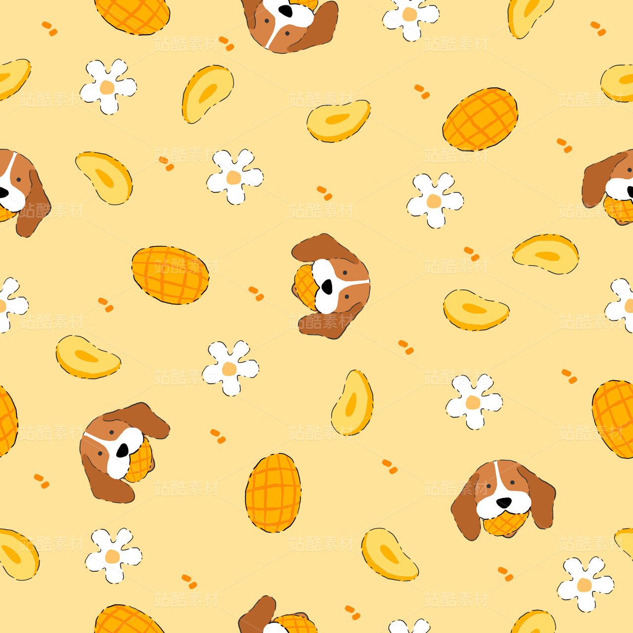 比格小狗吃芒果手绘清新风四方连续图案