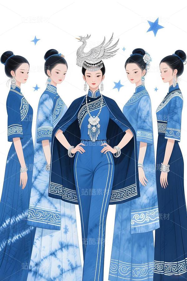 藍(lán)染回紋繪新篇：五姝演繹東方摩登（主預(yù)覽-10009674） - 未分類 - 站酷設(shè)計(jì)師欲陽城原創(chuàng)素材 - 站酷ZCOOL