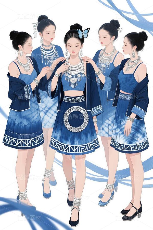 藍(lán)染回紋繪新篇：五姝演繹東方摩登（主預(yù)覽-10009681） - 未分類 - 站酷設(shè)計(jì)師欲陽城原創(chuàng)素材 - 站酷ZCOOL