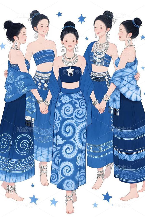 藍(lán)染回紋繪新篇：五姝演繹東方摩登（主預(yù)覽-10009683） - 未分類 - 站酷設(shè)計(jì)師欲陽城原創(chuàng)素材 - 站酷ZCOOL