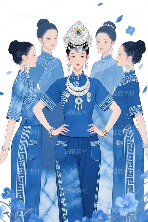 藍(lán)染回紋繪新篇：五姝演繹東方摩登（主預(yù)覽-10009682） - 未分類 - 站酷設(shè)計(jì)師欲陽城原創(chuàng)素材 - 站酷ZCOOL