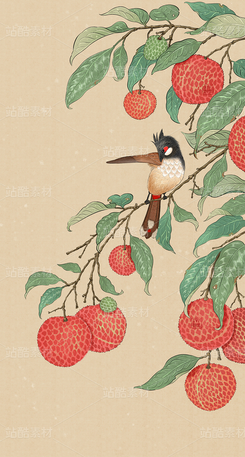 二十四节气夏季插画：荔枝+红耳鹎（主预览-10015981） - 未分类 - 站酷设计师SYF朝生原创素材 - 站酷ZCOOL