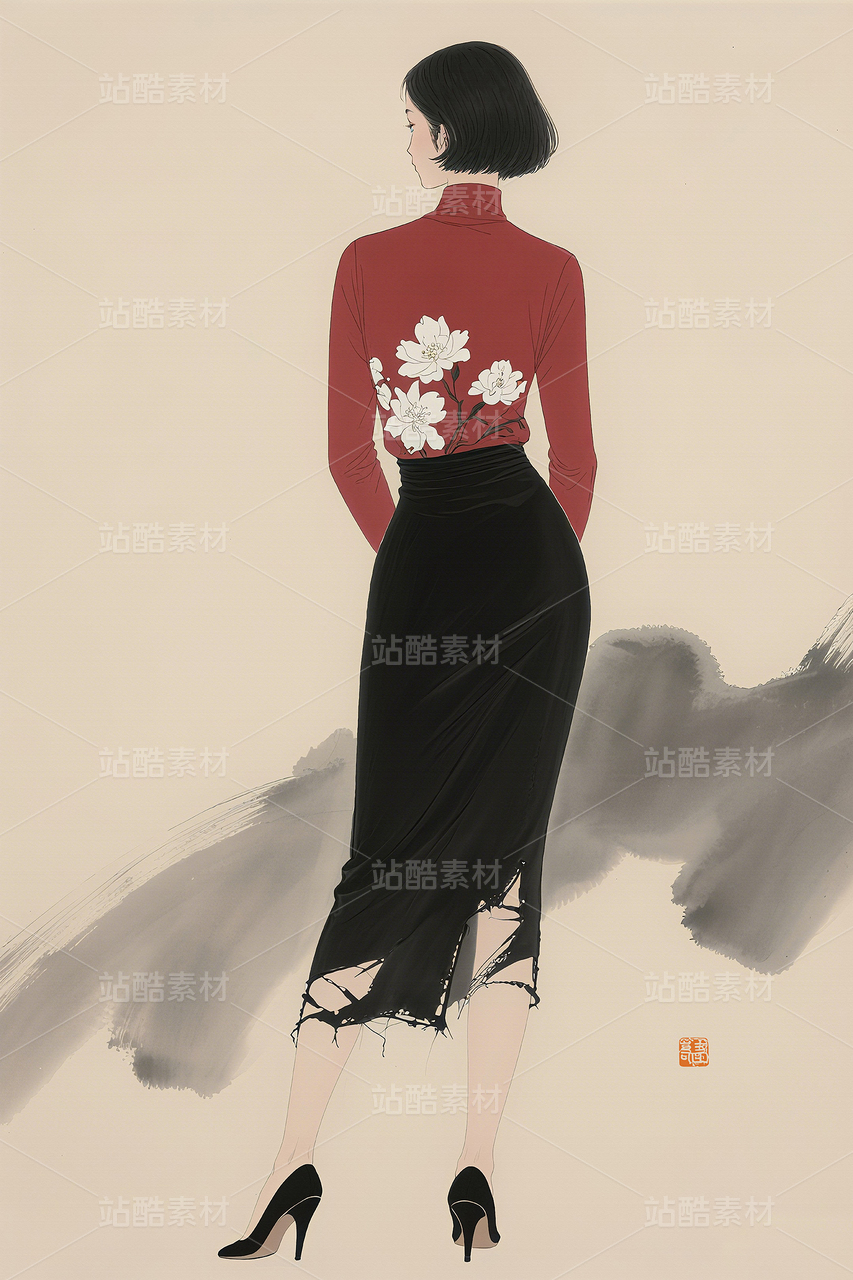 水墨人物装饰画服装杂志封面文旅海报宣传画时尚服装画