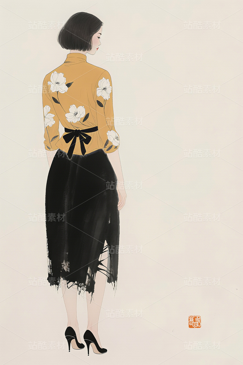 时尚服装画水墨人物装饰画服装杂志封面文旅海报宣传画