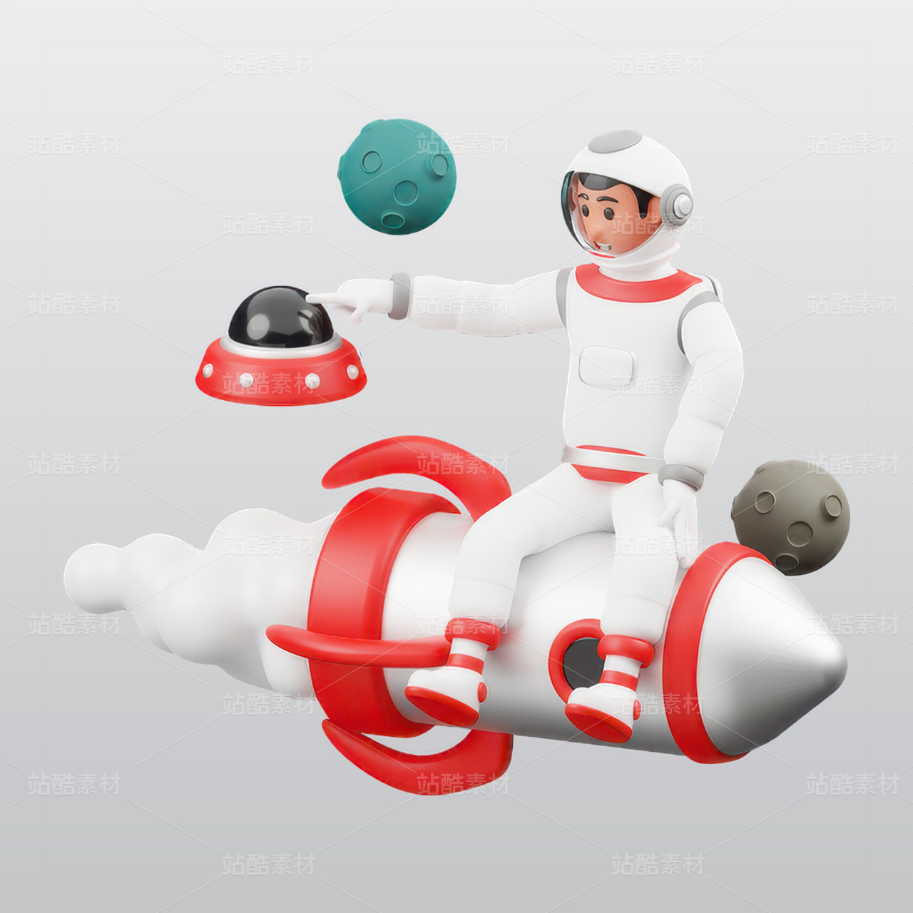 宇航员坐在火箭3D插图blend模型图标素材