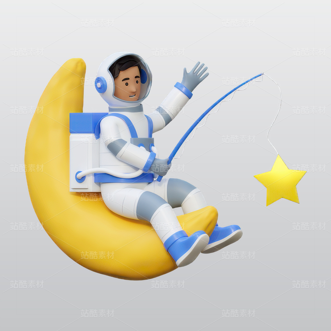 宇航员钓鱼在月球3D插图blend模型图标素材