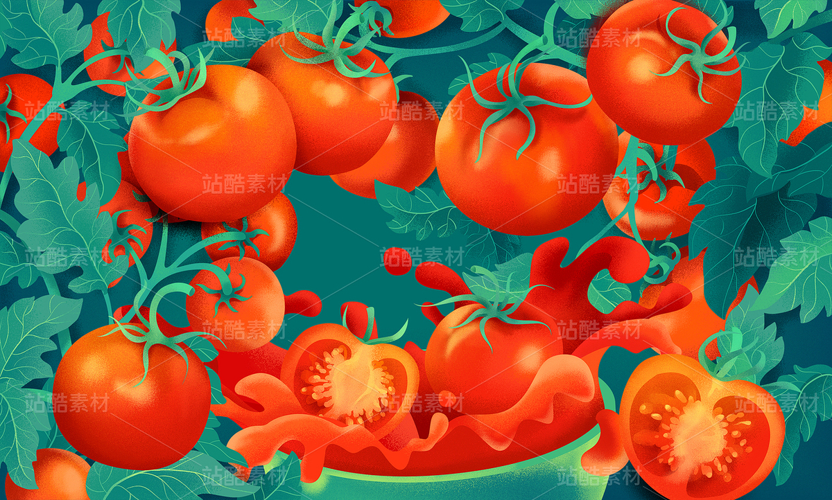 新鲜的番茄番茄汁藤叶噪点颗粒包装插画（主预览-10571266） - 未分类 - 站酷设计师東晨原创素材 - 站酷ZCOOL