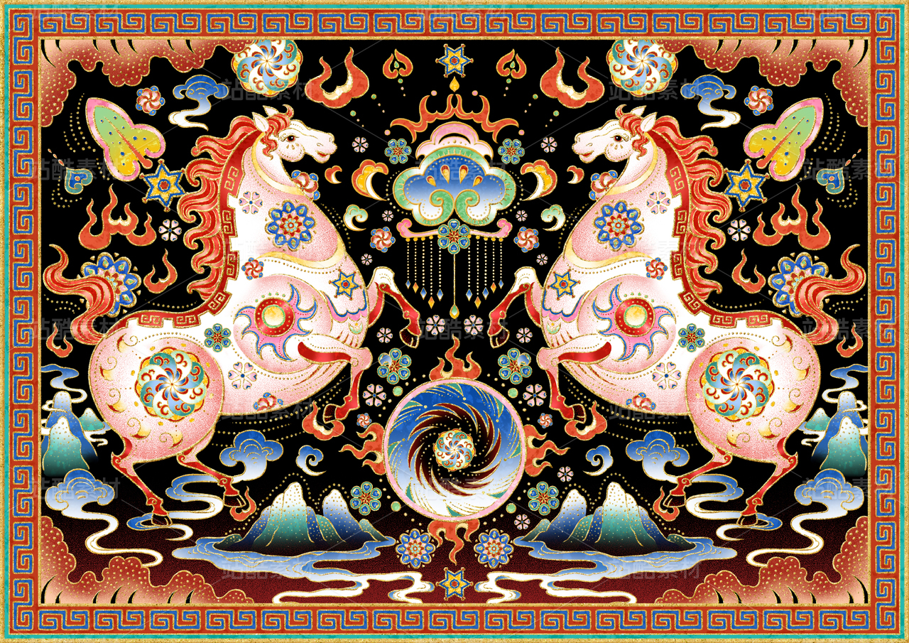 双马祥瑞中式传统珐琅器插画图案