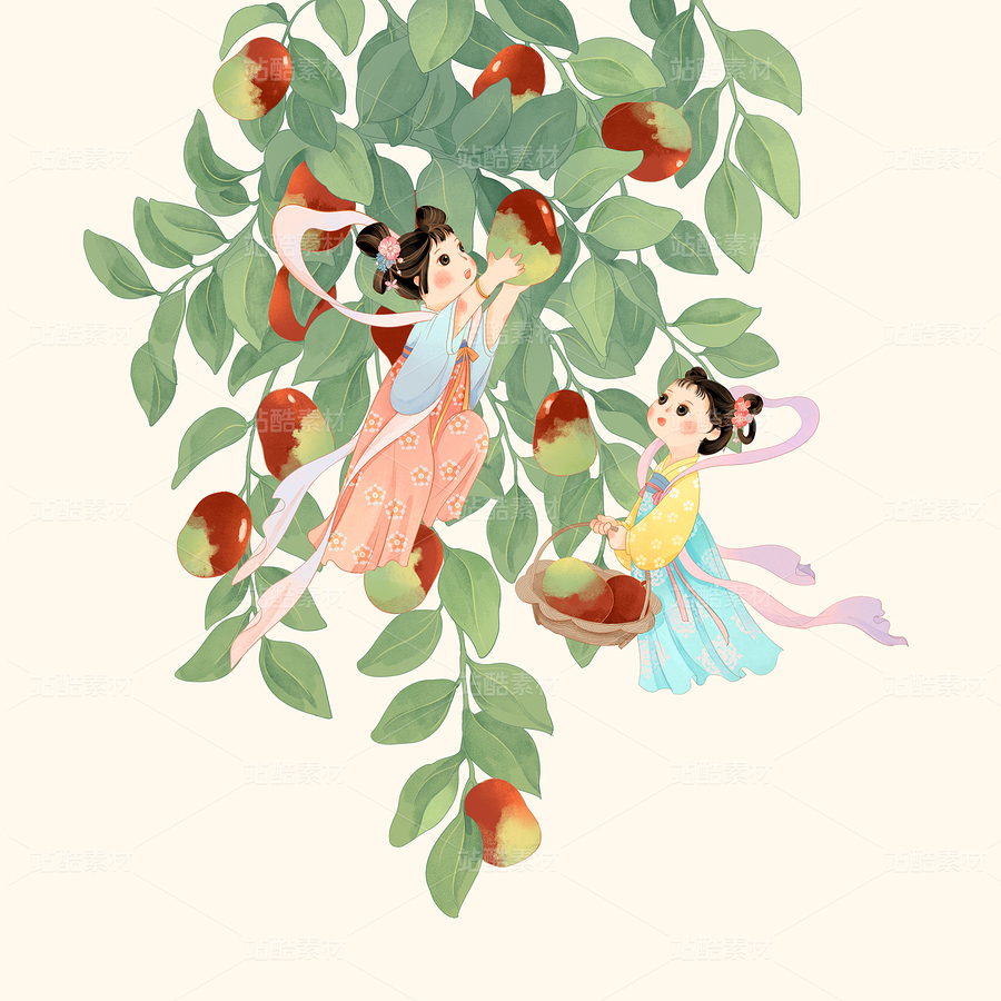 兩個(gè)唐朝服飾小仙女采摘青棗與棗樹水果國潮插畫（主預(yù)覽-10595803） - 未分類 - 站酷設(shè)計(jì)師東晨原創(chuàng)素材 - 站酷ZCOOL