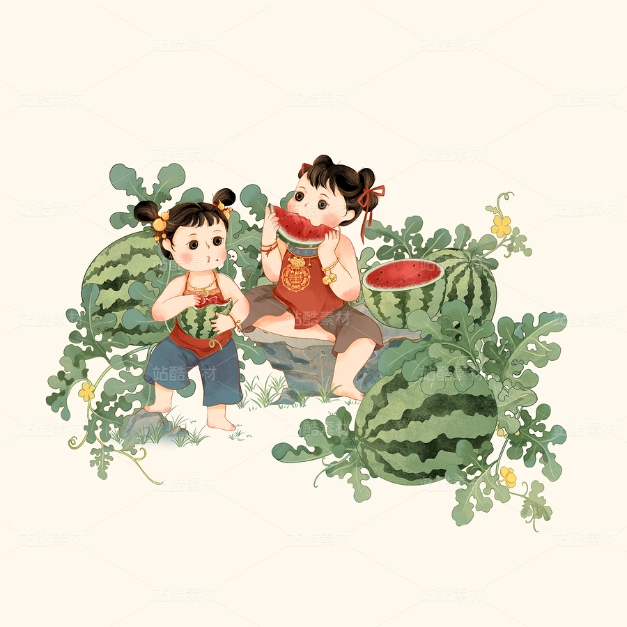 兩個穿紅肚兜可愛小孩在吃西瓜西瓜田水果國潮插畫（主預(yù)覽-10595833） - 未分類 - 站酷設(shè)計師東晨原創(chuàng)素材 - 站酷ZCOOL