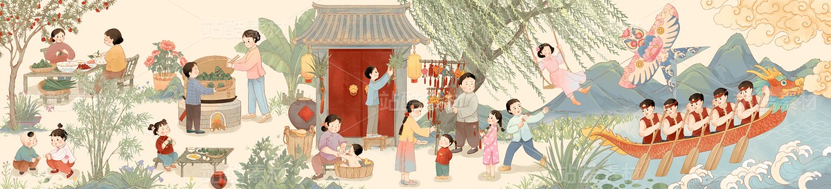 中国传统节日端午节习俗民俗人物长图国潮插画（主预览-10597031） - 未分类 - 站酷设计师東晨原创素材 - 站酷ZCOOL